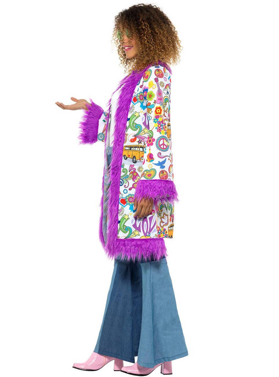 Groovy Print Womens Purple Fur Trim Costume Hippie Jacket - Side Image