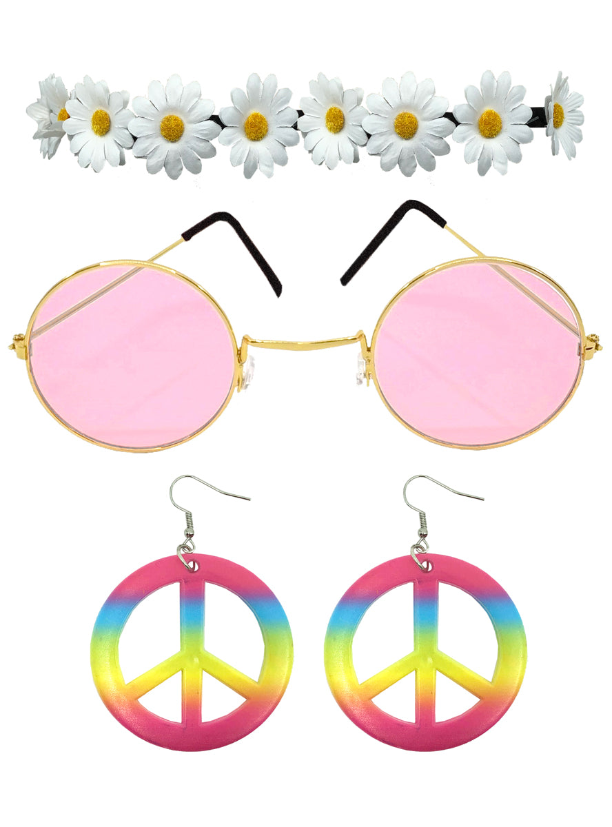 Womens 60s Hippie Pink Glasses, Earrings And Glower Crown Costume Accessory Set - Main Image