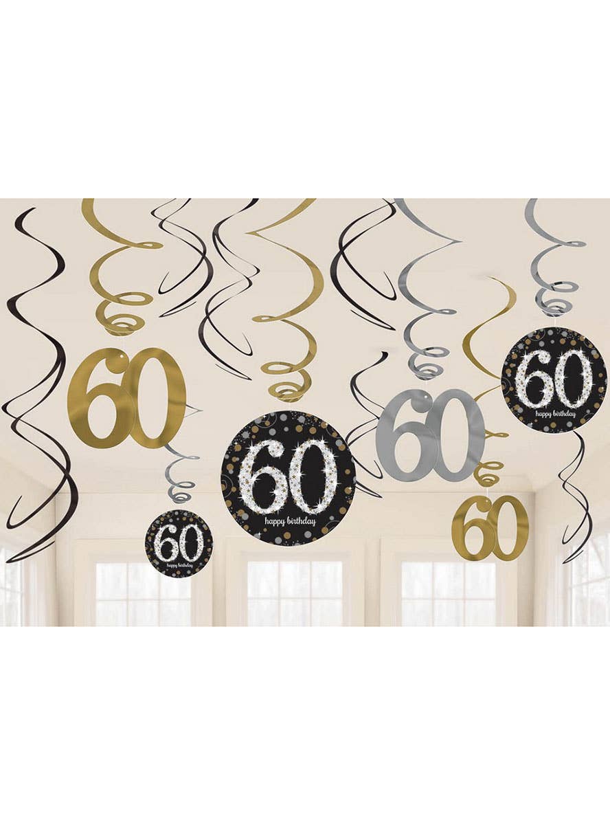 Image of 60th Birthday Black and Gold Hanging Spirals Decoration