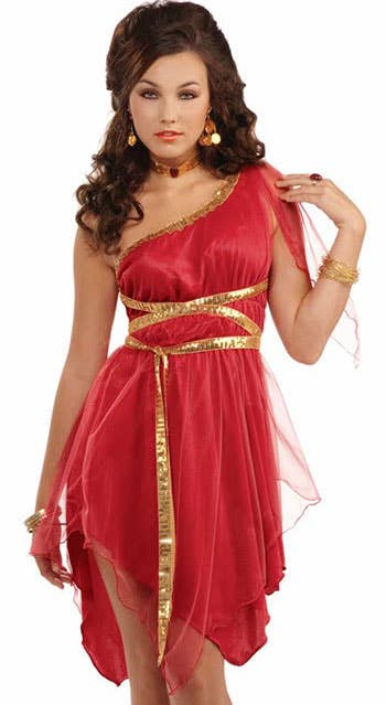 Womens Sexy Ruby Red Greek Goddess Fancy Dress Costume - Close Image