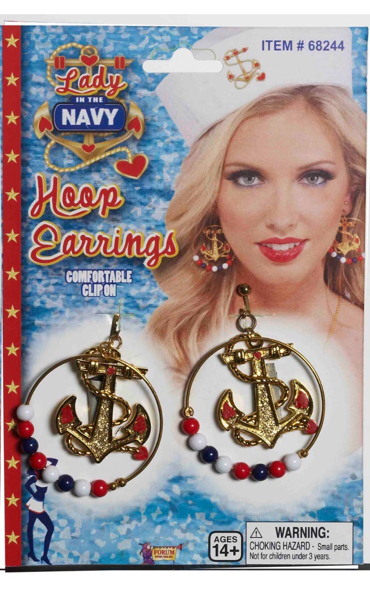Gold Sailor Anchor Hoop Earrings Costume Accessory
