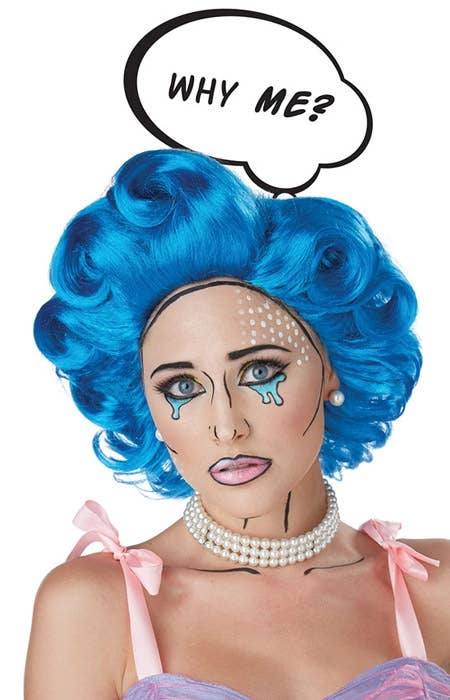 Retro Pop Art Comic Character Blue Costume Wig With Rockabilly Curls And Thought Bubble