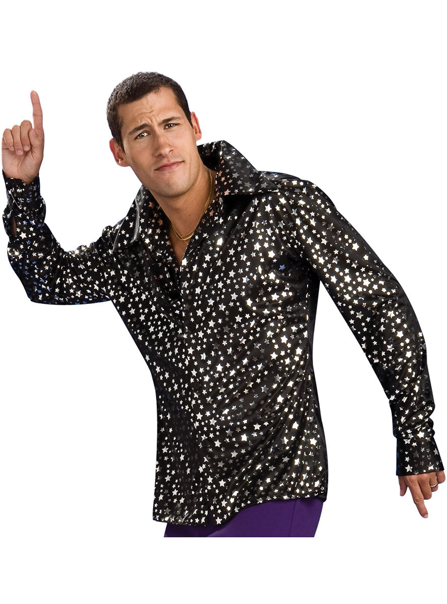 Close image of 70s Disco Mens Black Star Print Costume Shirt