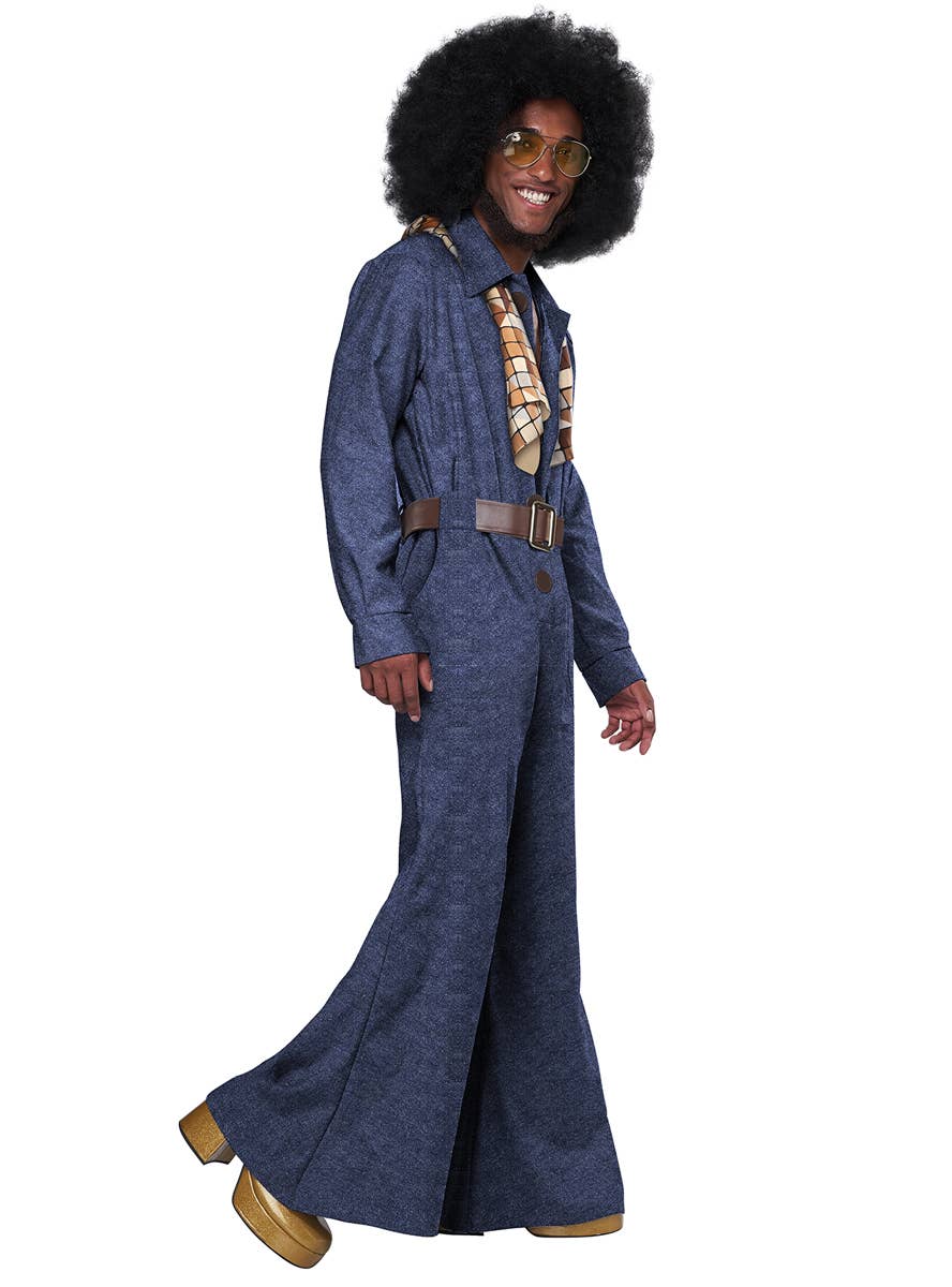 Blue Denim Look Mens 1970s Disco Costume - Side Image