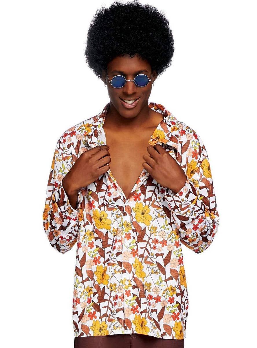 Mens Floral 1970's Hippie Disco Costume Shirt - Close Up Image