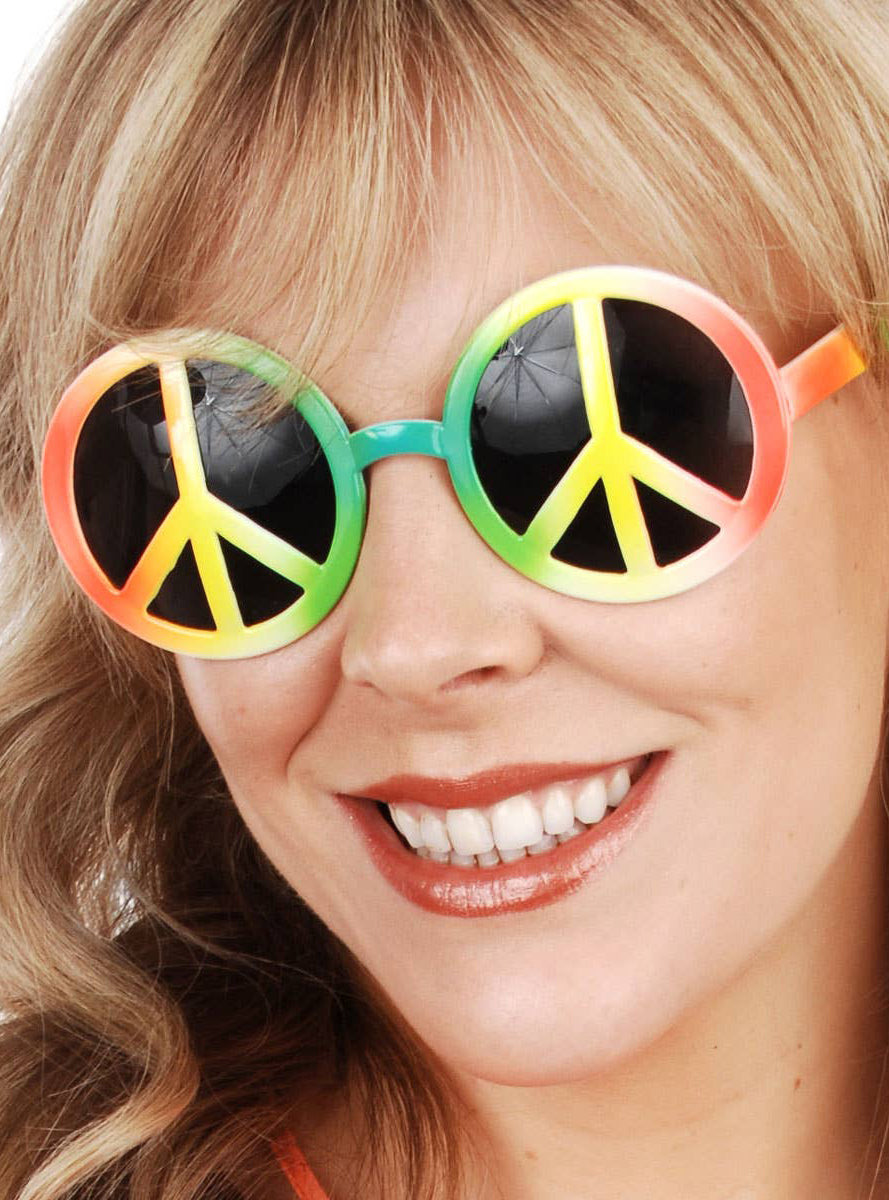 Hippie Rainbow Peace Sign 70's Costume Glasses - Close Image