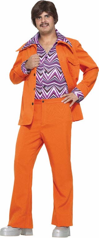 1970's Mens Retro Orange Costume  Leisure Suit with Attached Purple Pattern Shirt - Main Image