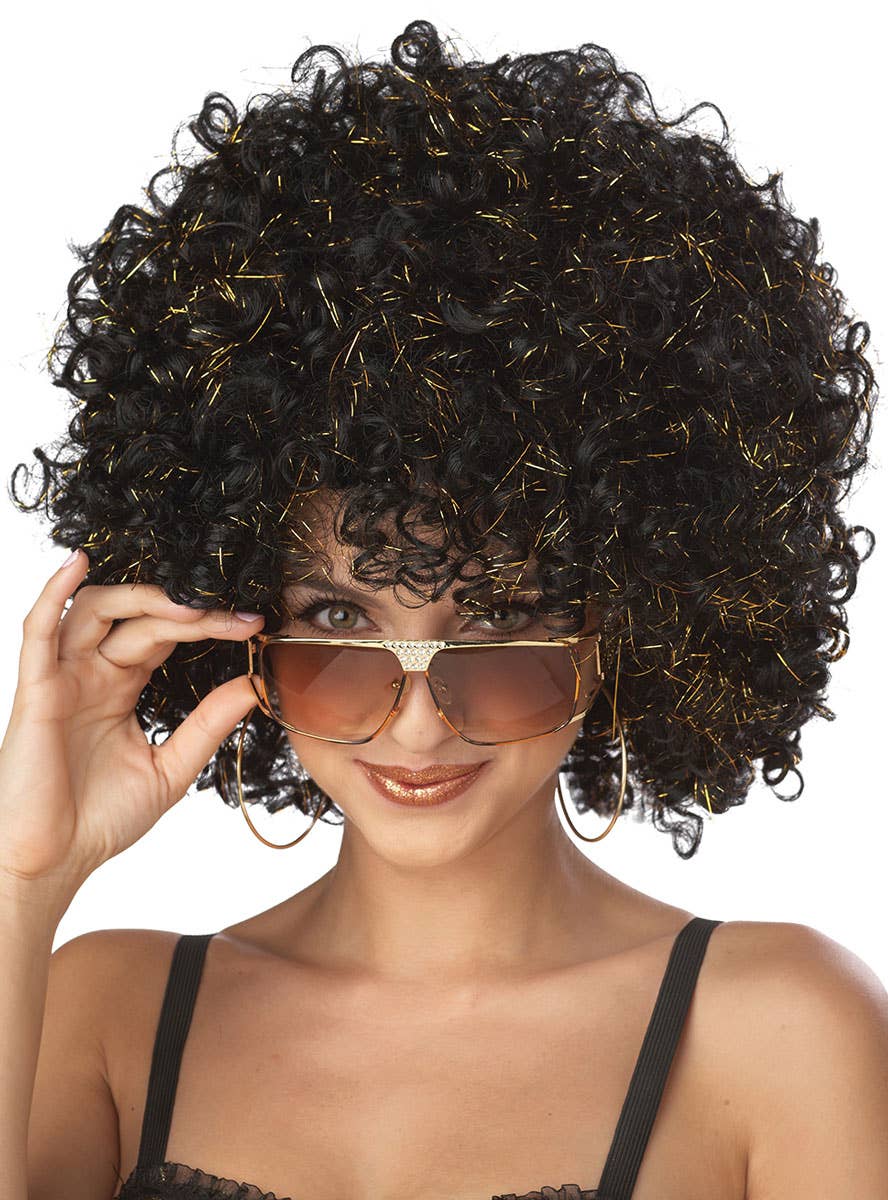 Women's  70's Disco Black Afro Costume Wig with Gold Tinsel Highlights - Main Image