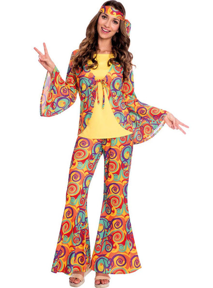 Womens Yellow and Orange Swirl 70s Hippie Costume