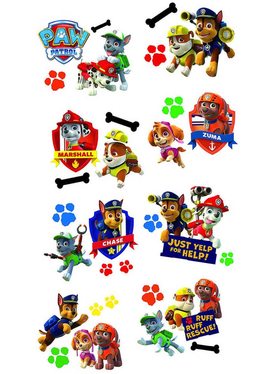 Image of Paw Patrol 8 Pack Temporary Tattoos Party Favours