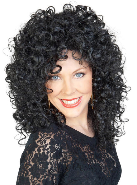 Image of Curly Black 80s Singer Womens Costume Wig