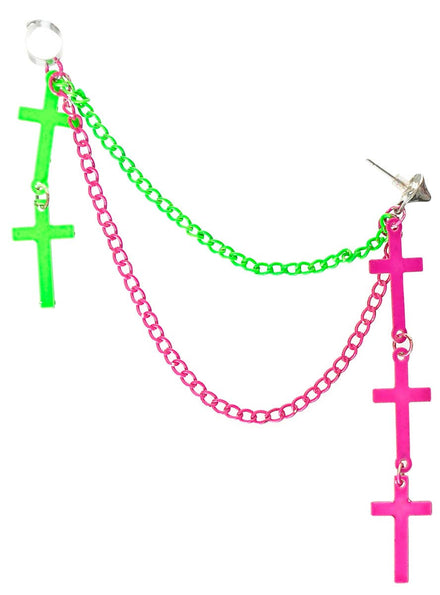 Image of 1980s Pink and Green Chains and Crosses Costume Earring Cuff - Main Image