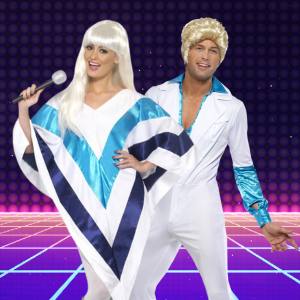 Image of a man and a woman wearing ABBA costumes