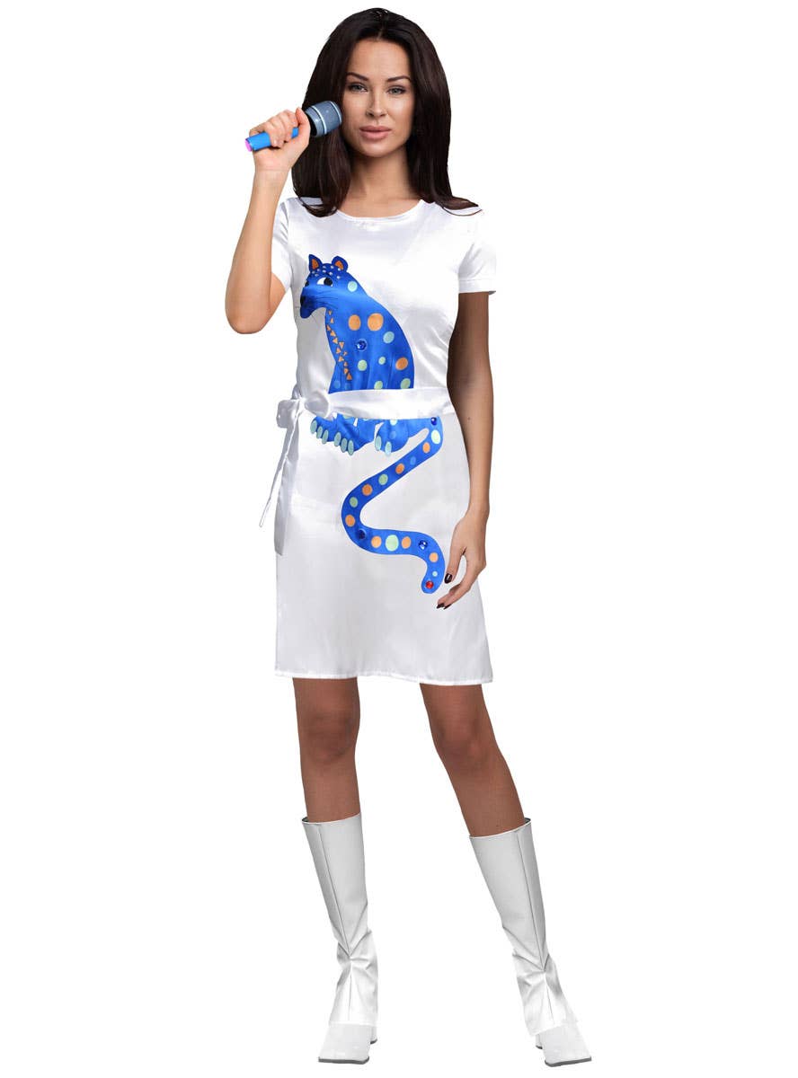 Womens 70s White ABBA Costume Dress with Blue Cat