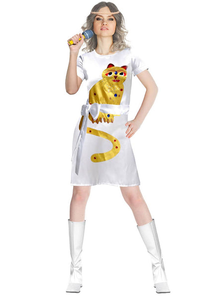 Womens White 1970s ABBA Costume Dress with Gold Cat