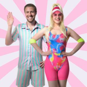 Image of a man and a woman in Barbie themed costumes