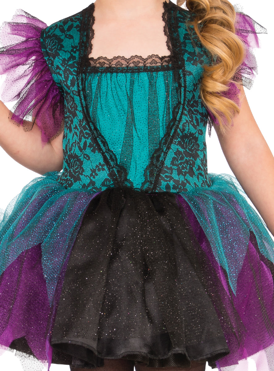 Green And Purple Witch Girls Halloween Costume - Close Image 2