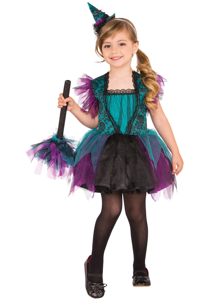 Green And Purple Witch Girls Halloween Costume - Main Image