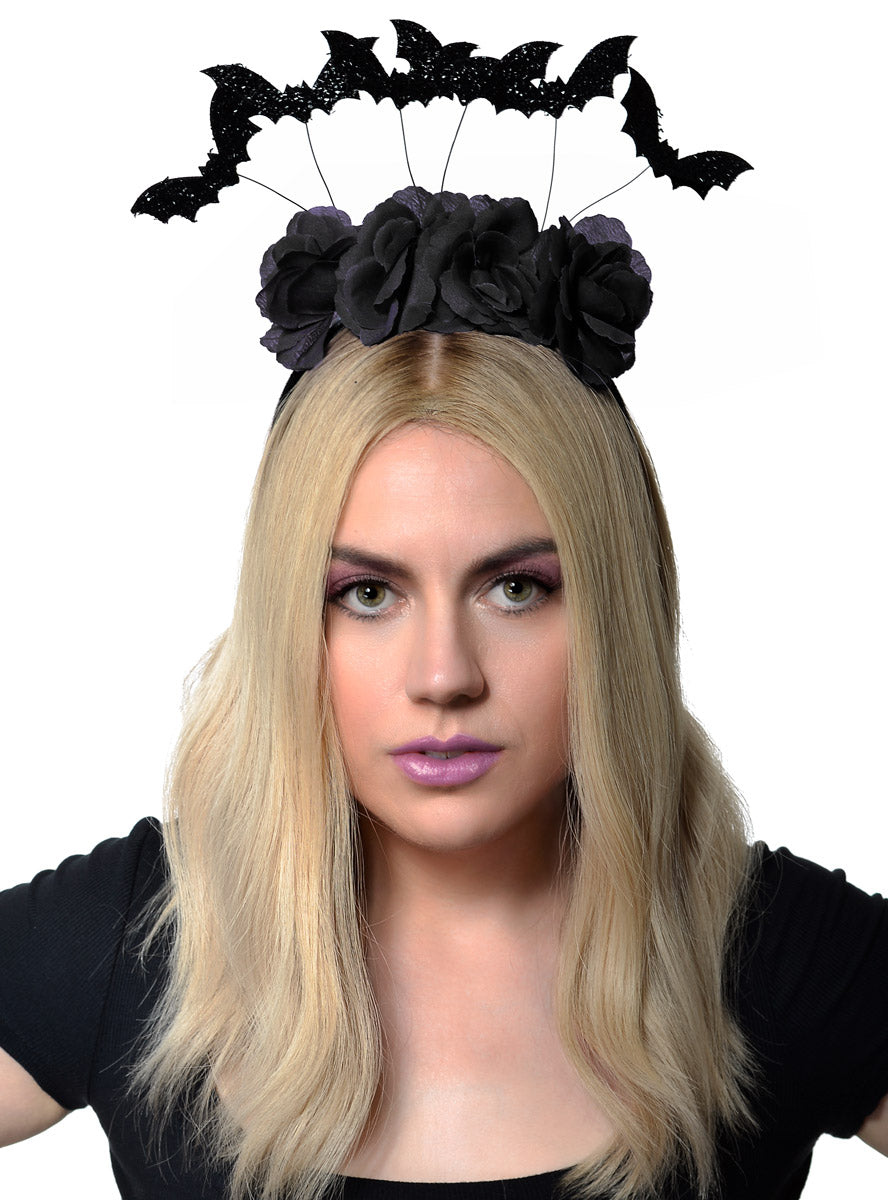 Image of Glitter Bats Womens Black Halloween Flower Crown