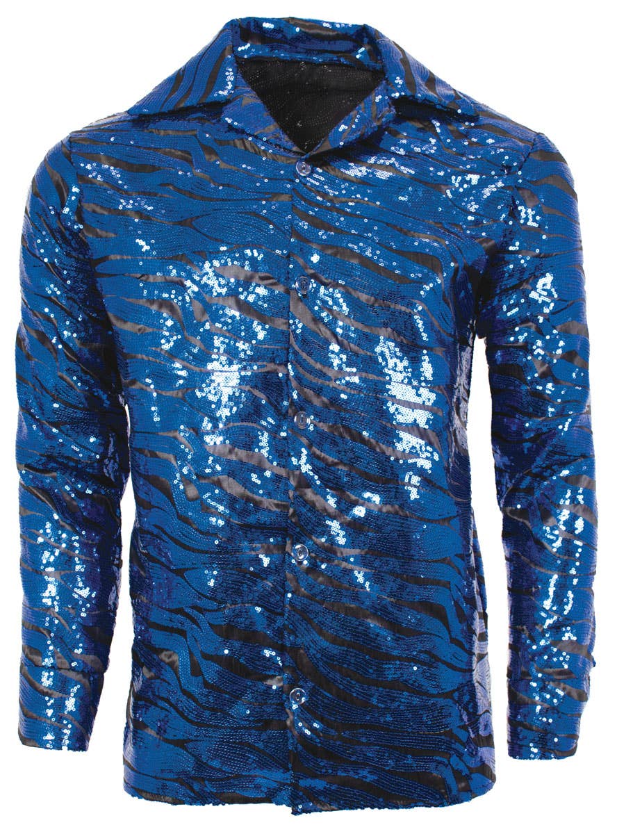 Men's Blue Sequinned  1970s Tiger King Disco Shirt - Front Image