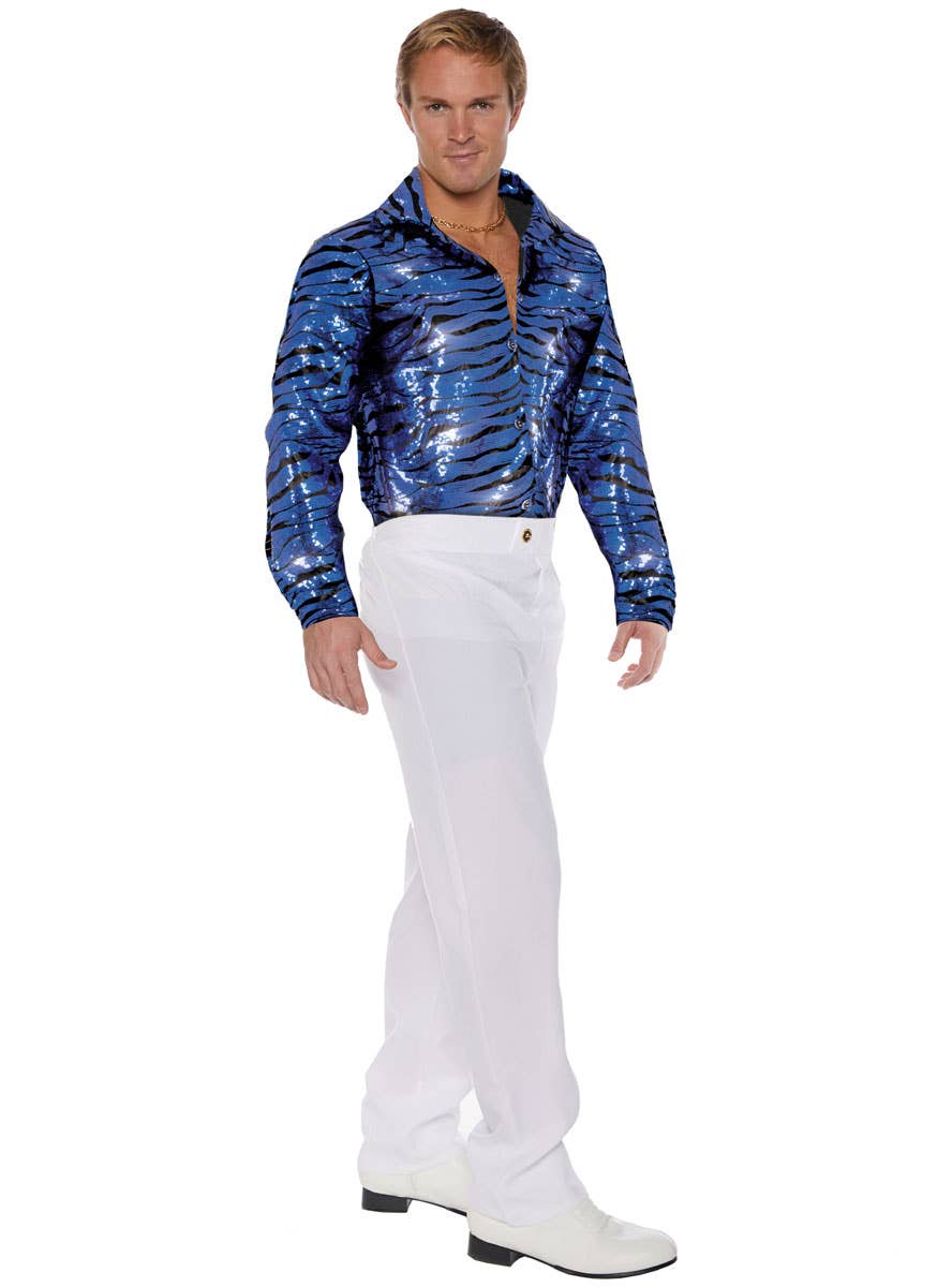 Men's Blue Sequinned  1970s Tiger King Disco Shirt - Main Image