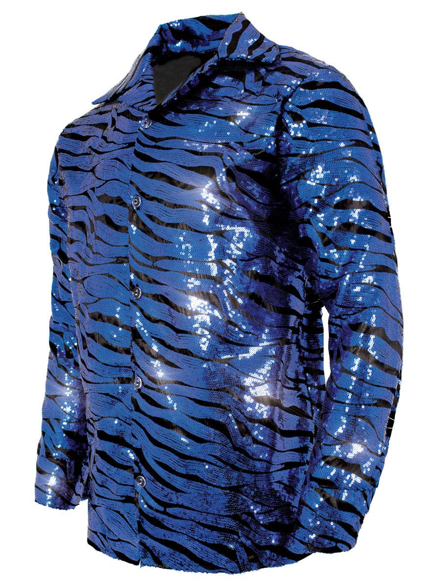 Men's Blue Sequinned  1970s Tiger King Disco Shirt - Side Image