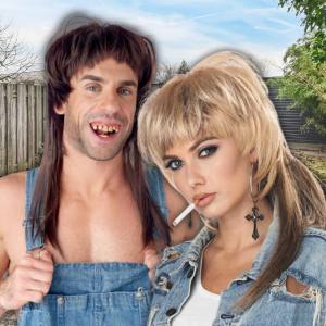 Image of a man and woman dressed in bogan costumes and accessories