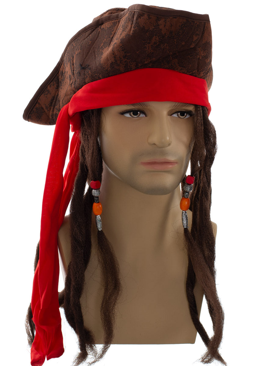 Image of Distressed Look Brown Pirate costume Hat With Dreadlocks