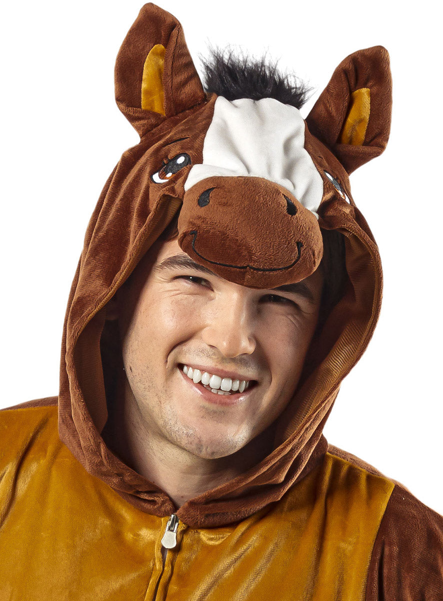 Close Hood Image of Furry Mens Brown Race Horse Animal Onesie Costume