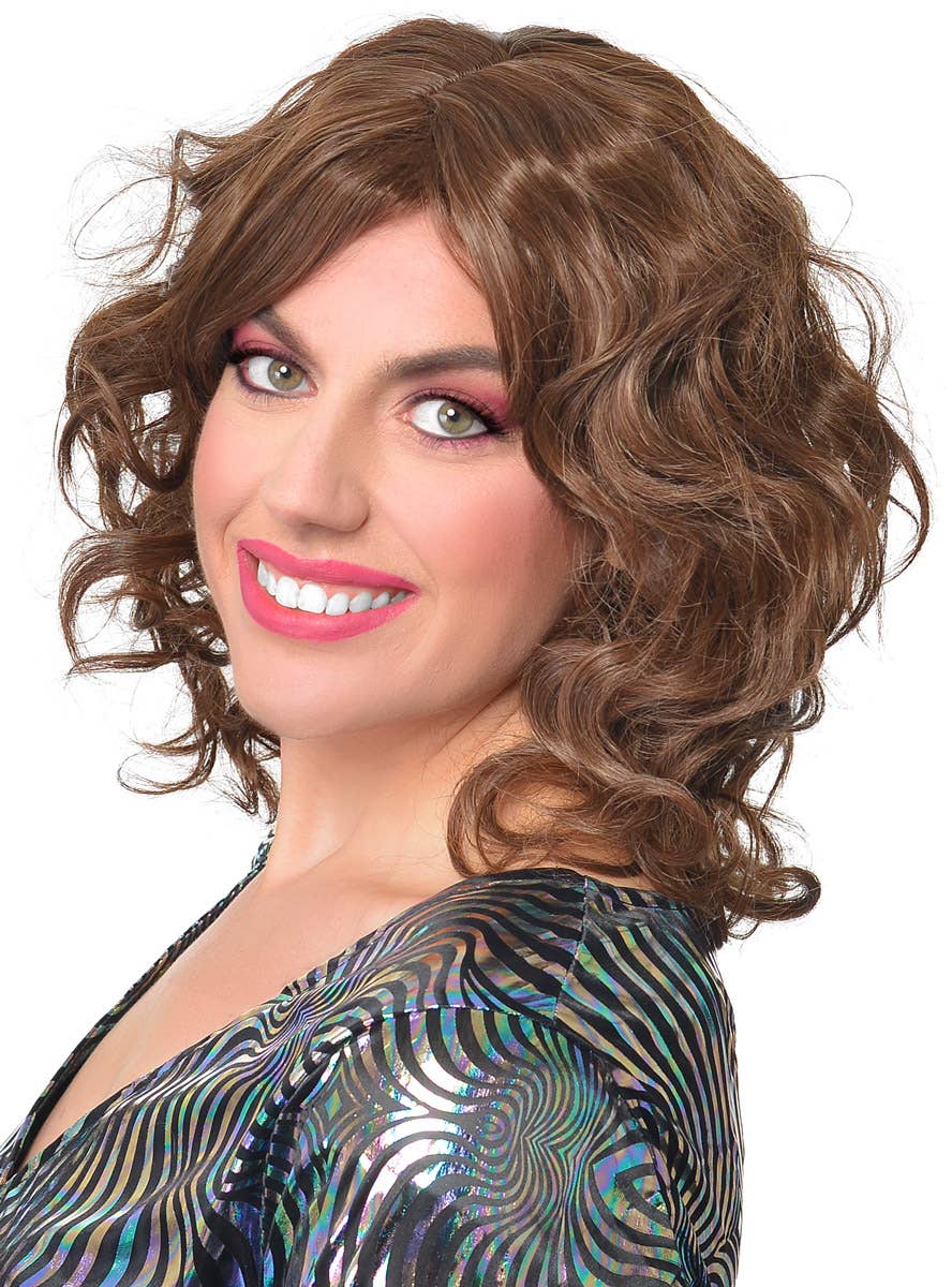 Womens 70s Brown Curly Shag Style Costume Wig - Side Image