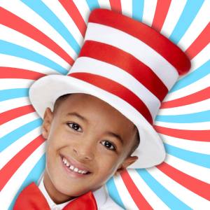 Image of a boy wearing a Cat in The Hat costume hat