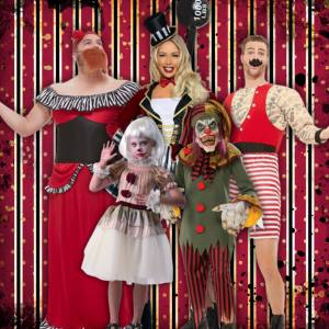 Image of people in circus and clown costumes