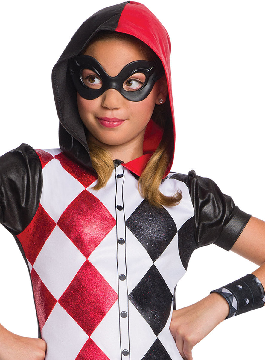 Close Hood Image of Harley Quinn Hooded DC Superhero Girls Costume