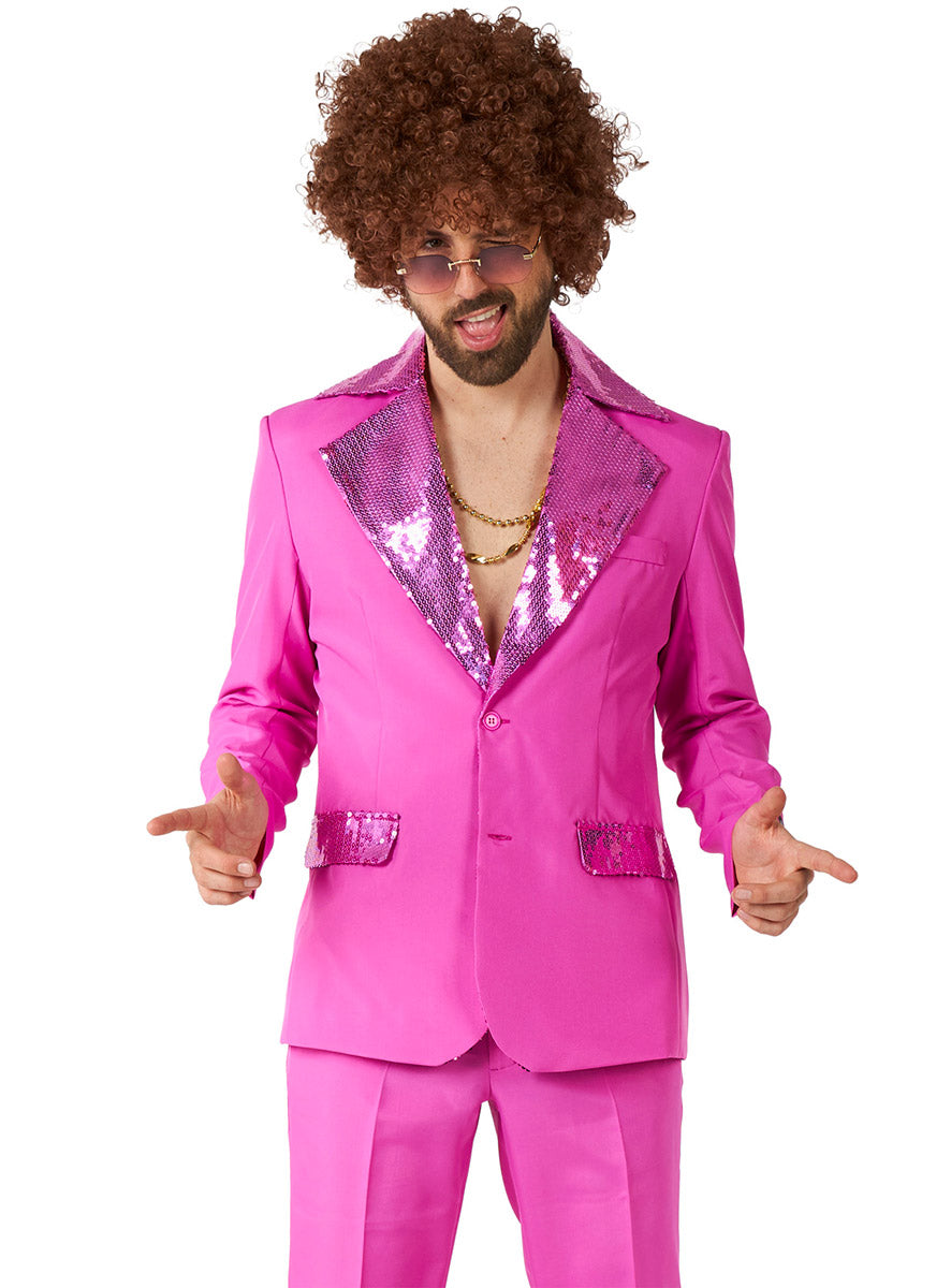 Flared 70s Mens Pink Sequin Trimmed Disco Costume Suit - Alternative Image