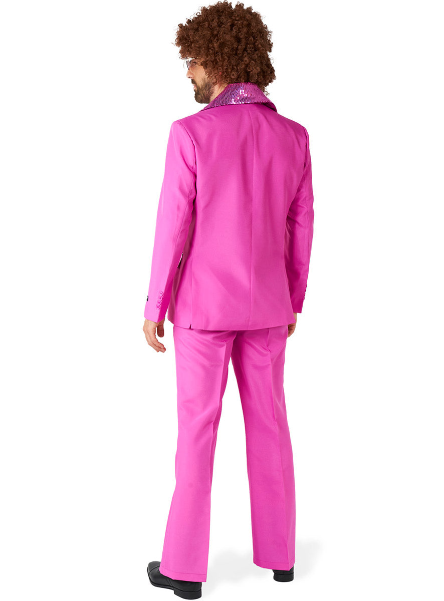 Flared 70s Mens Pink Sequin Trimmed Disco Costume Suit - Back Image