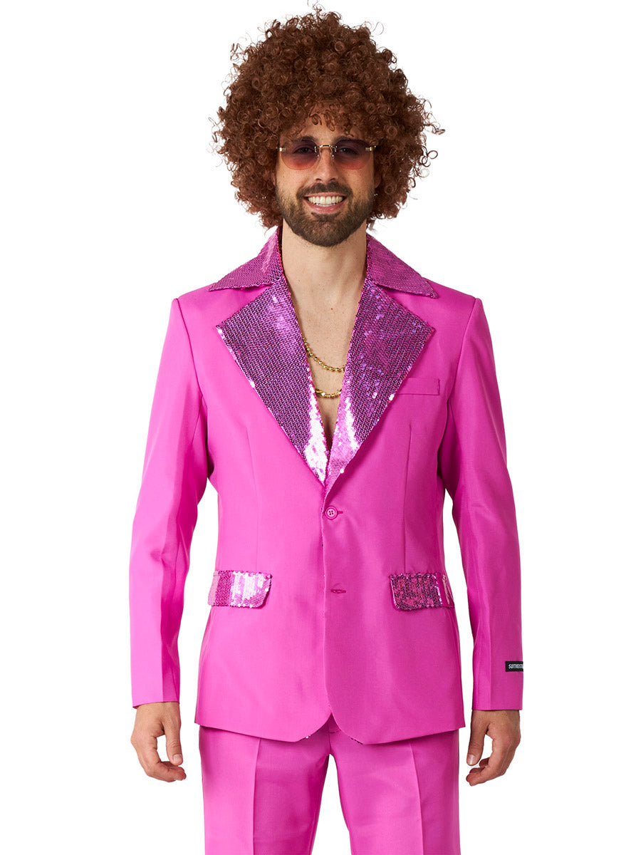 Flared 70s Mens Pink Sequin Trimmed Disco Costume Suit - Close Up Image