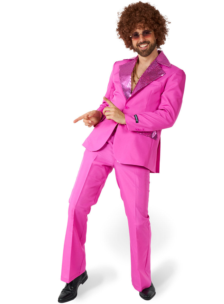 Flared 70s Mens Pink Sequin Trimmed Disco Costume Suit - Main Image