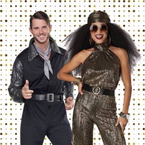 Image of a man and woman wearing disco costumes