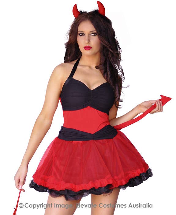 Black and Red Devil Women's Halloween Costume - Close Up Image