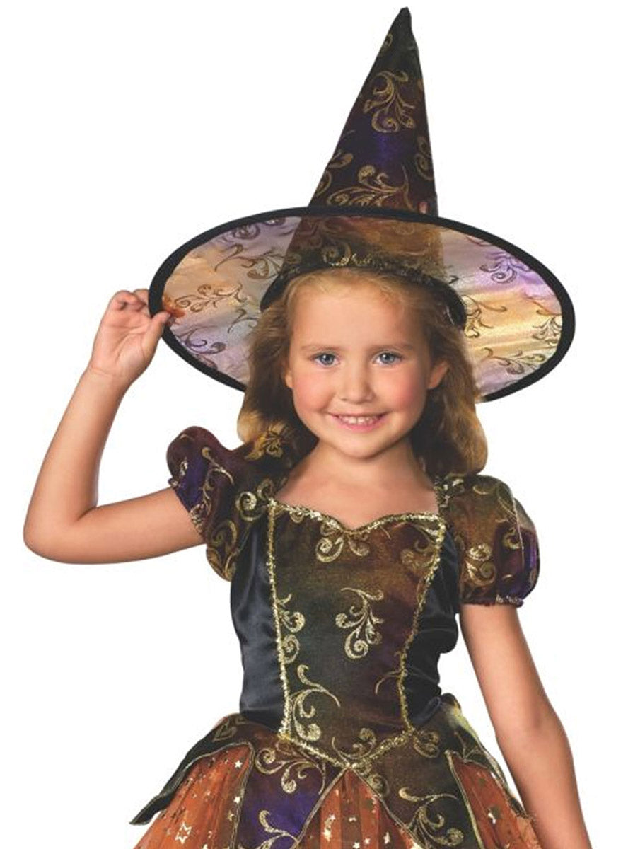 close image 1 of Glittery Orange and Gold Witch Toddler Girls Halloween Costume