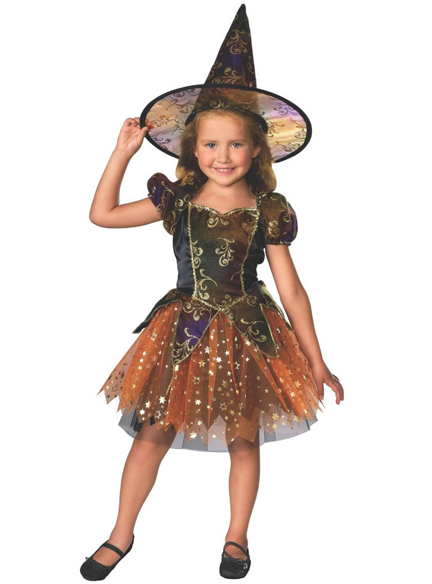 main image of Glittery Orange and Gold Witch Toddler Girls Halloween Costume