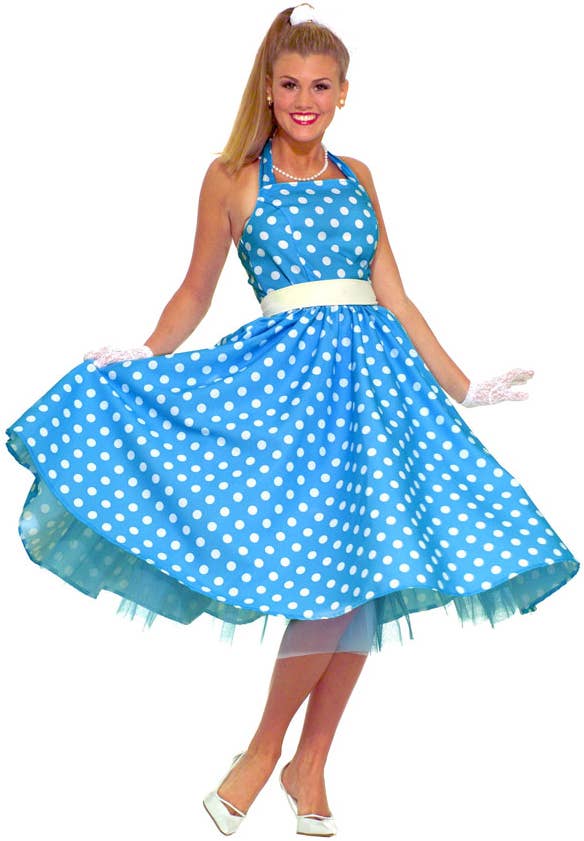 Womens Blue Polka Dot 50s Dress Up Costume - Front View