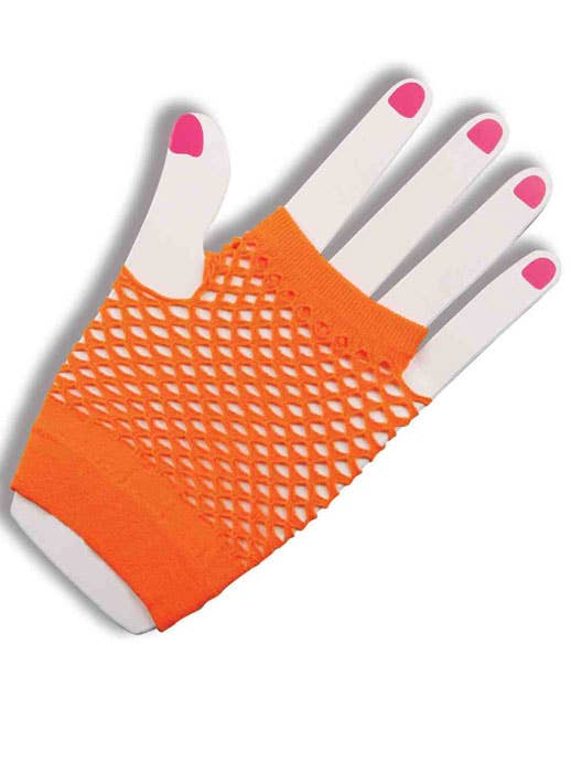 1980s Fashion Short Fishnet Fingerless Gloves Orange 80s Costume Accessory - Single Image