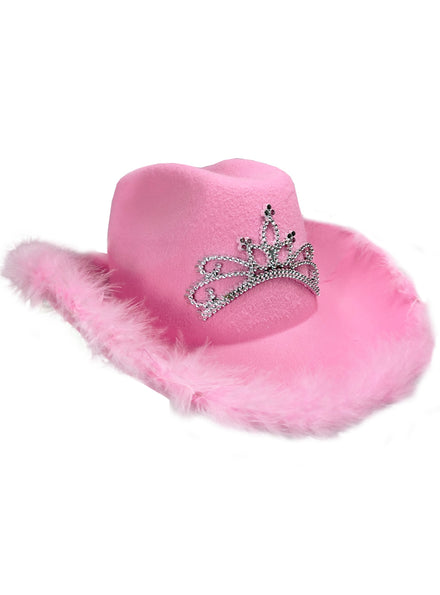 Main image of Faux fur Trim Pink Cowboy Hat With Silver Tiara