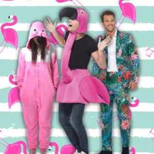 Image of men and a woman in flamingo costumes