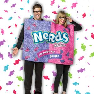 Image of a man and woman wearing a nerds lolly costume