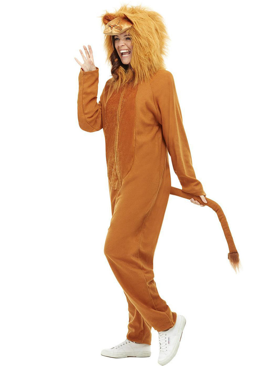 Image of Furry Lion Womens Animal Onesie Costume - Side View