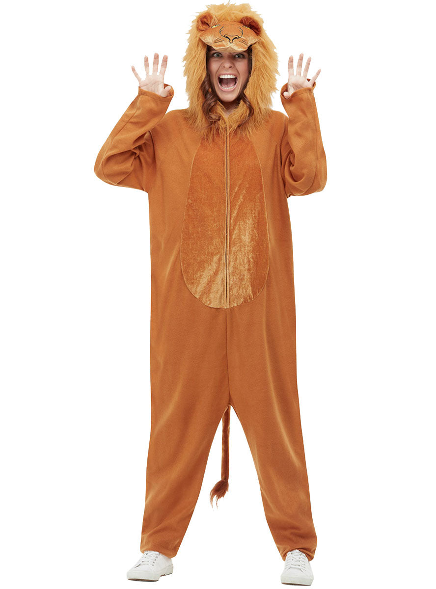 Image of Furry Lion Womens Animal Onesie Costume - Front View