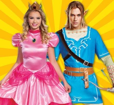 Image of a woman and a man in gaming character costumes