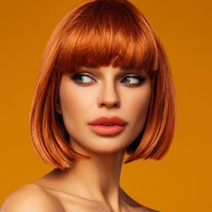 Image of a woman wearing a ginger bob wig